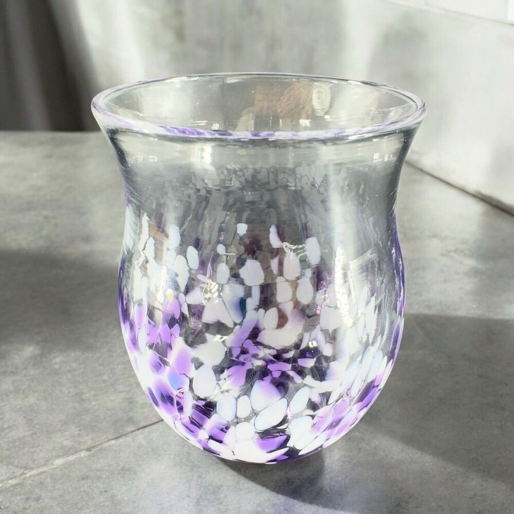 Hand Blown‎ Art Glass Single Tumbler Candle Holder Votive Purple White Spots VTG